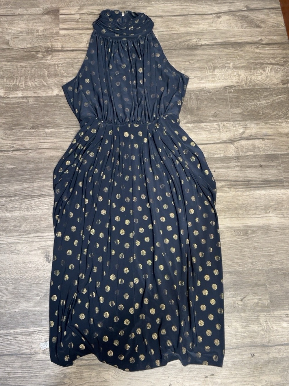 Tommy Hilfiger Navy Gold Metallic Polka Dot Halter Maxi Dress Size 10 - Picture 3 of 12